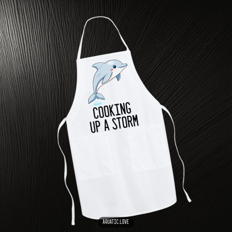 Funny dolphin apron showing a playful leap from sparkling water with a bubble trail, bringing ocean humor to cooking.