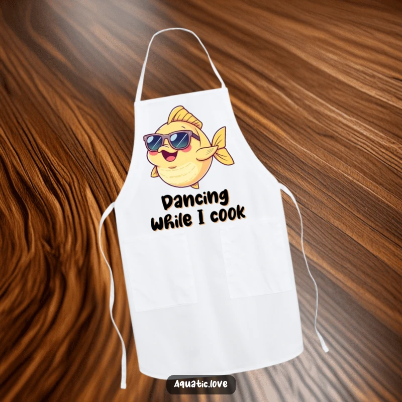 Funny Apron showing a cheerful fish character wearing tiny sunglasses, doing a funny dance while cooking, adding humor to the kitchen.
