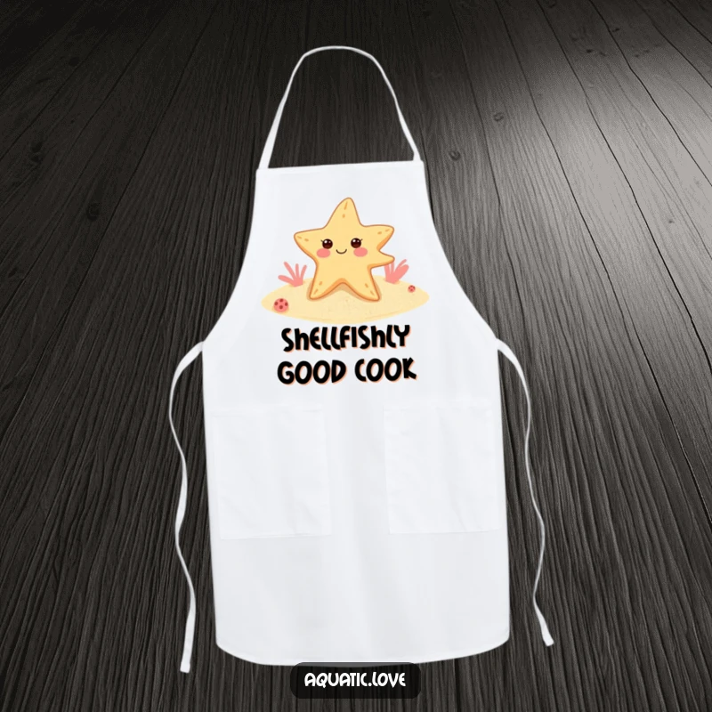 Funny starfish apron showing a cheerful, winking sea star in flippers, ready to add humor to any kitchen task.