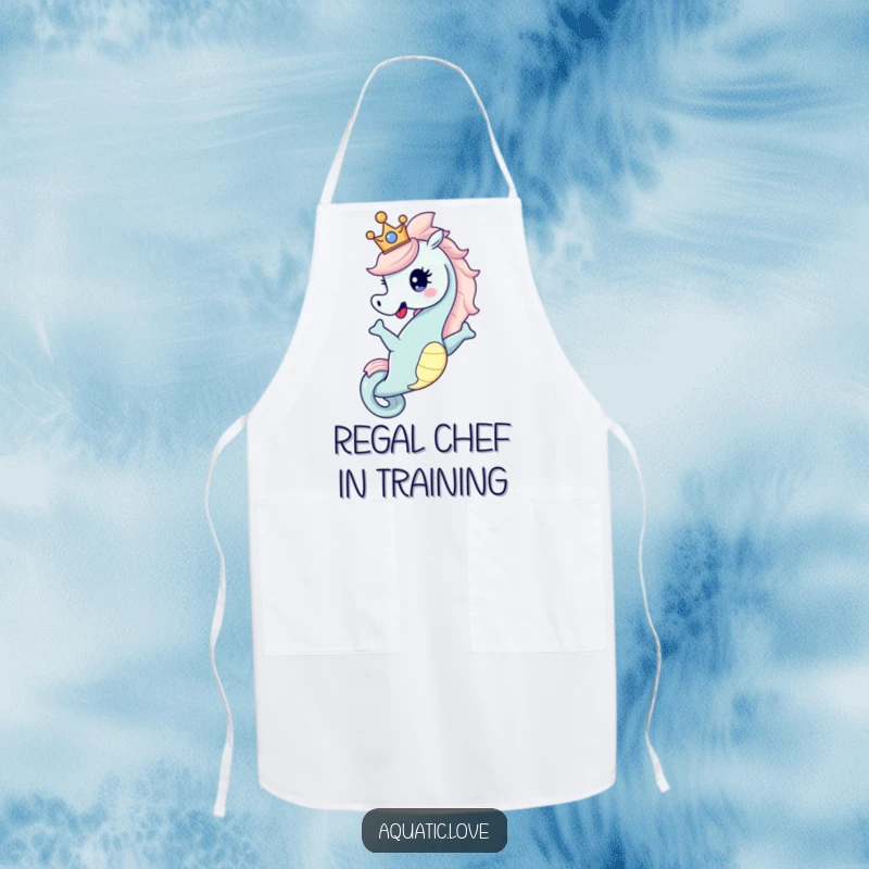 Funny Apron showcasing a happy seahorse character dramatically posing with a tiny crown, fit for a regal chef.