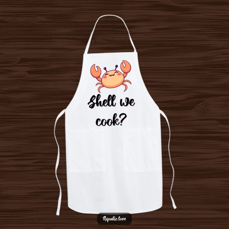Funny crab apron showing a giggling creature happily scuttling sideways with claws held high, ready for kitchen fun.