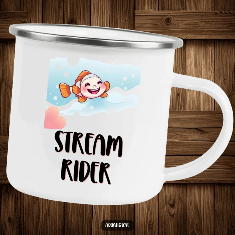 Funny camping mug featuring a little clownfish with a wide grin sliding down a bubbly current, perfect for outdoor fun.