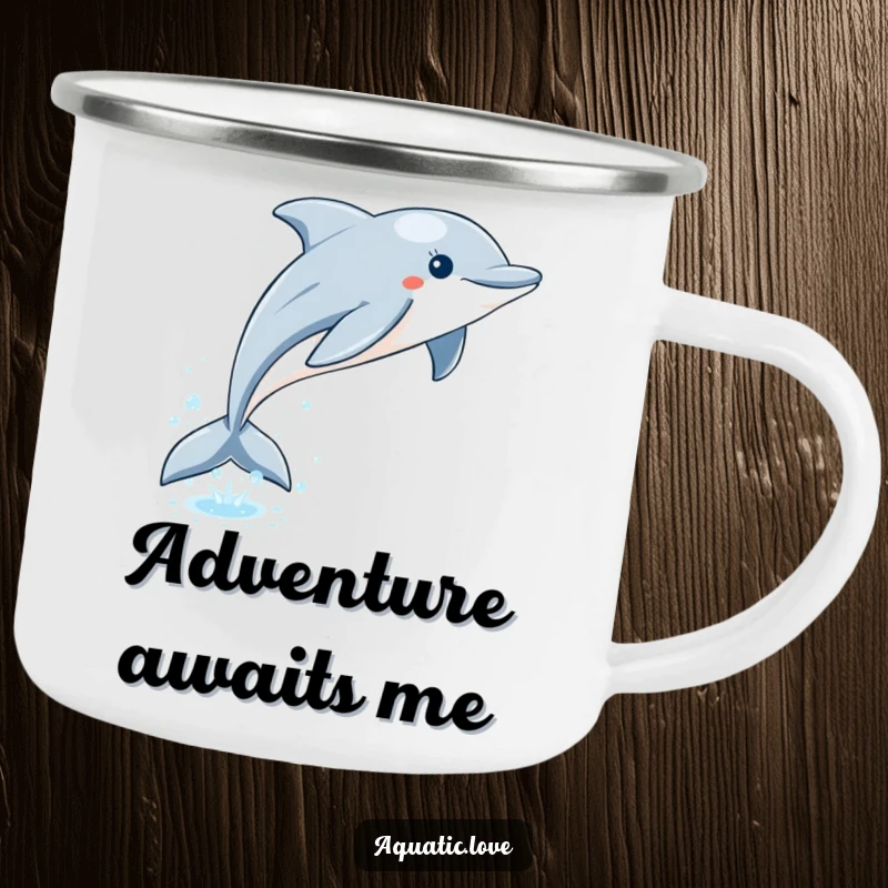 Funny dolphin camping mug featuring a playful leap from sparkling water with a bubble trail, bringing ocean humor to camp.