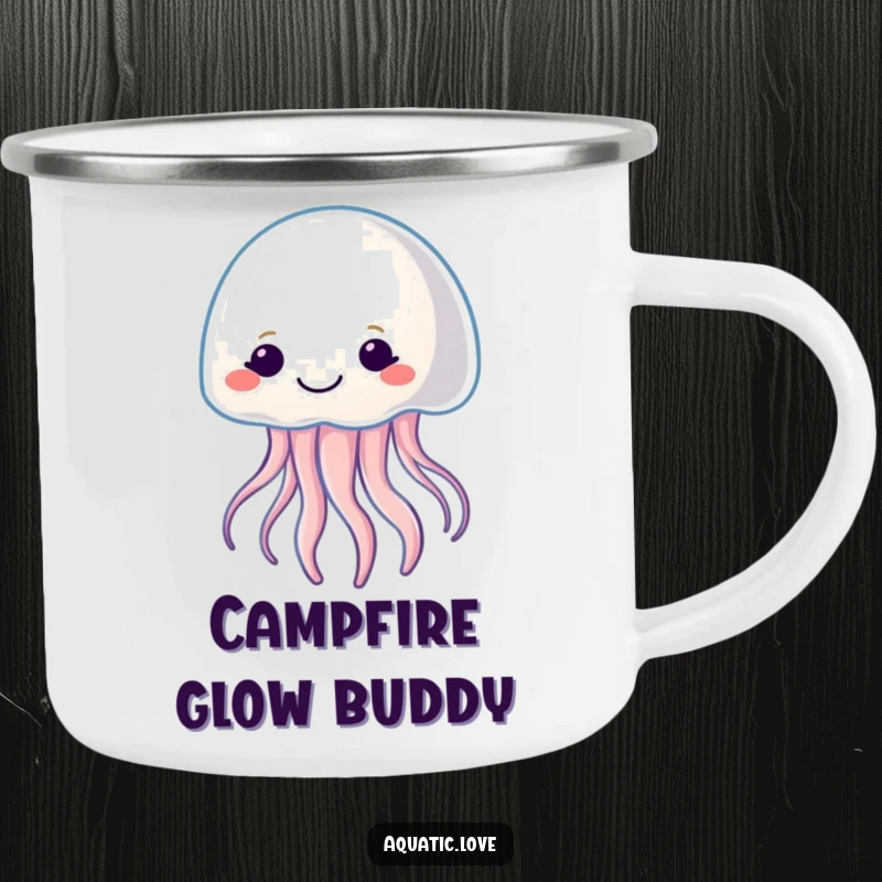 Funny camping mug with a smiling jellyfish character gently pulsating with soft light, built for adventure and a magical glow.