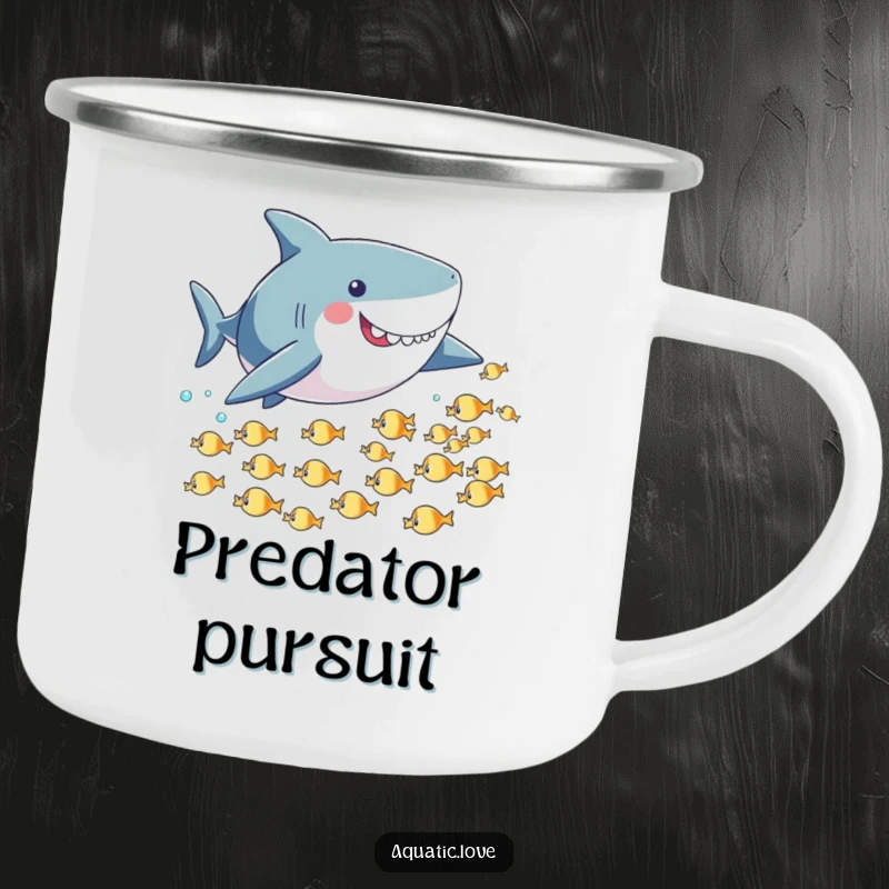 Funny camping mug featuring a playful shark with small fins playfully chasing tiny fish, perfect for adding a touch of adventure.