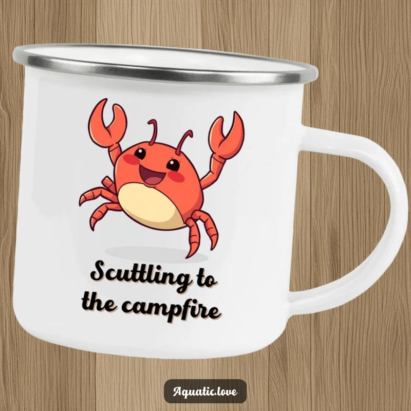 Funny Camping Mug featuring a delighted crab character energetically scuttling sideways, perfect for outdoor fun and lively conversations.