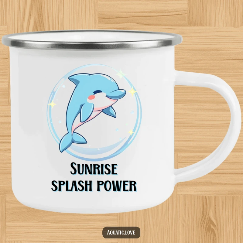 Funny camping mug with a playful dolphin leaping through a sparkling bubble arch, built for adventure and smiles.