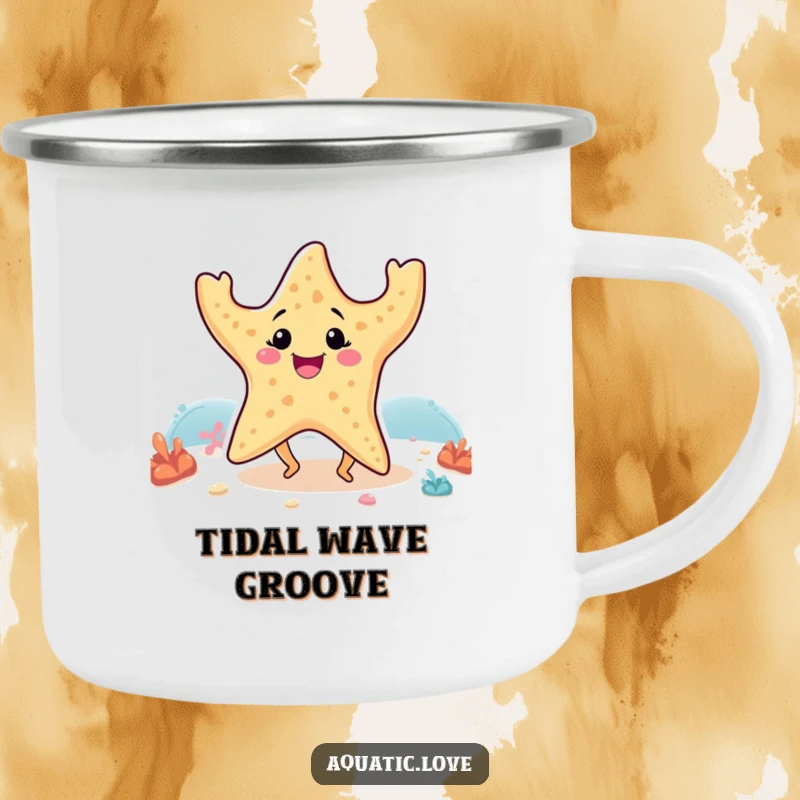 Funny camping mug featuring a smiling starfish with small legs doing a happy dance on the seabed, perfect for outdoor adventures.