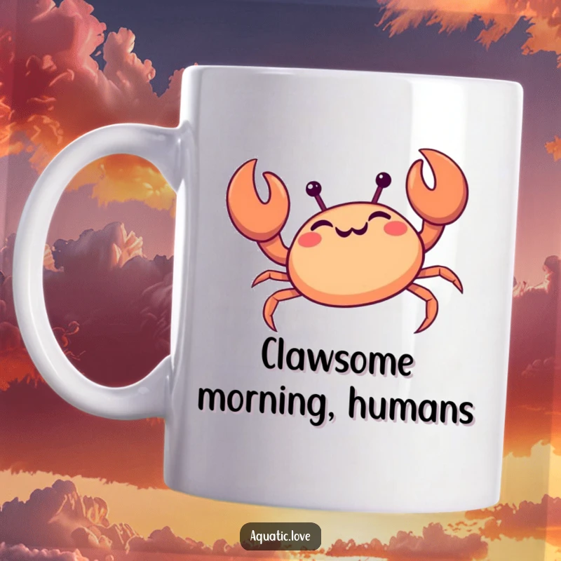 Funny crab mug featuring a giggling creature scuttling sideways happily with its claws held high, exuding pure ocean joy.