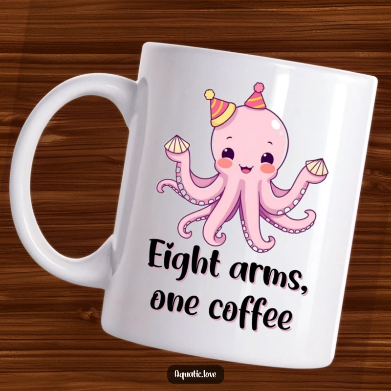 Funny octopus mug showing a delighted creature wearing tiny hats on each tentacle while juggling seashells, full of whimsical humor.