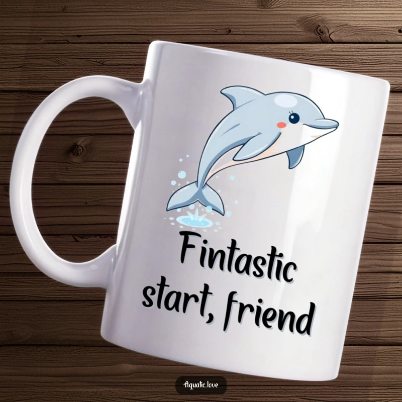 Funny dolphin mug depicting a playful creature leaping from sparkling water, leaving a trail of humorous bubbles.