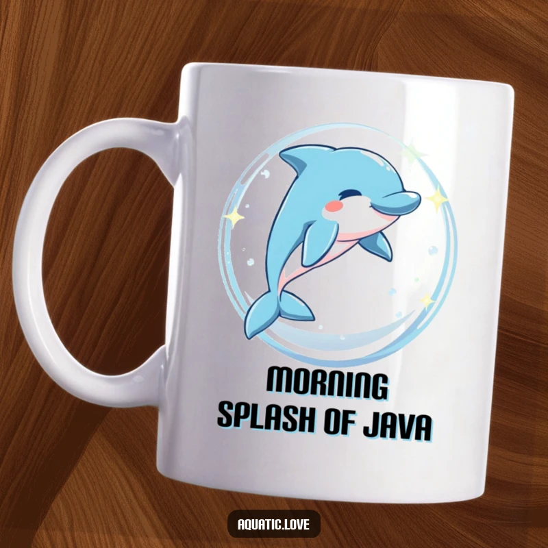 Funny mug showcasing a playful dolphin character joyfully leaping through a shimmering arch of sparkling bubbles, embodying fun.
