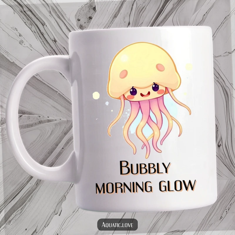 Funny mug showcasing a happy jellyfish with brightly glowing tendrils, bobbing cheerfully and radiating positive energy.