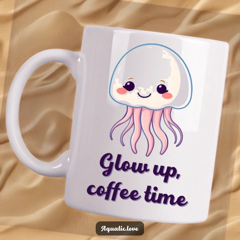 Funny mug featuring a smiling jellyfish character gently pulsating with a soft, warm light, radiating calmness and charm.