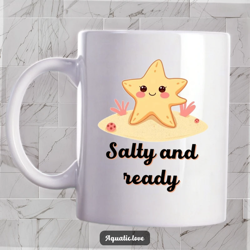 Funny starfish mug with tiny flippers winking from a sandy seabed, bringing a cheerful and humorous ocean vibe.