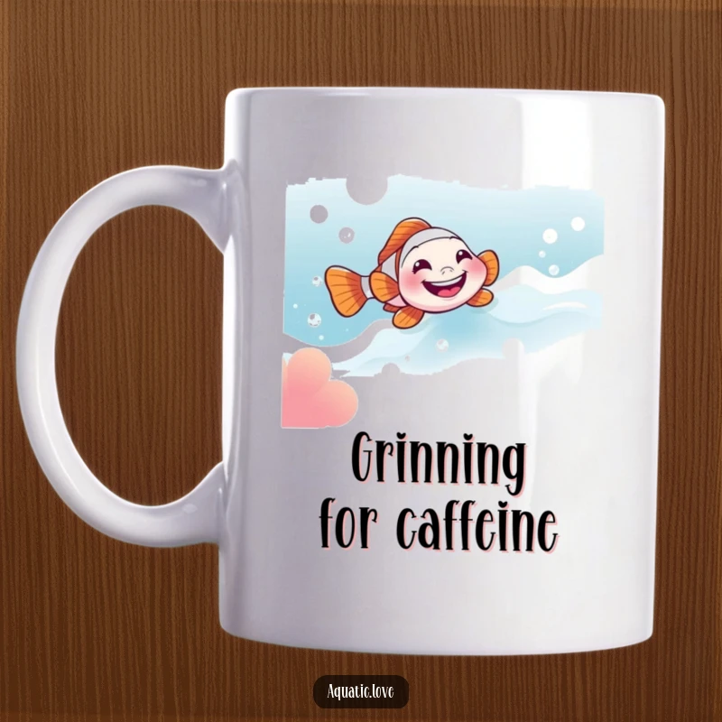 Funny mug featuring a little clownfish with a wide, happy grin sliding down a stream of effervescent bubbles in the water.