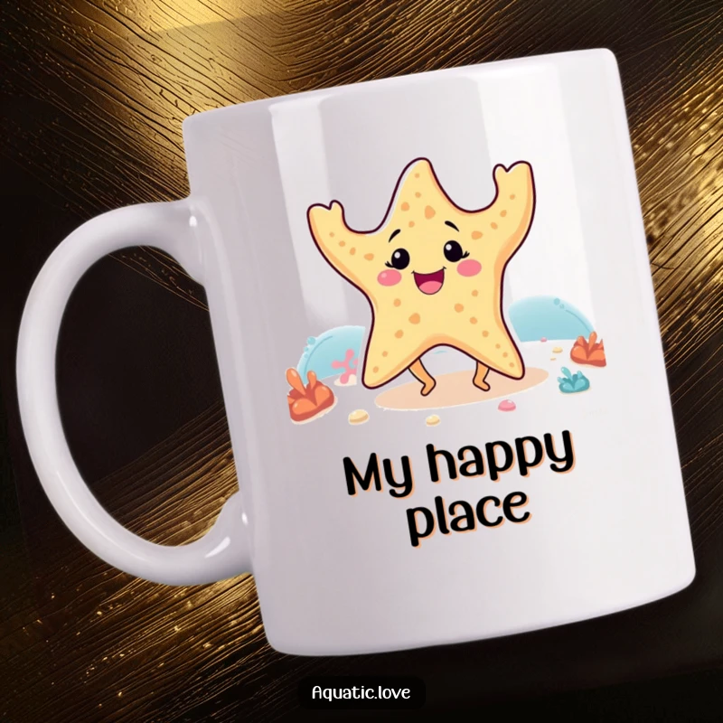 Funny mug featuring a smiling starfish with tiny legs doing a happy dance on the seabed, radiating pure joy and silliness.