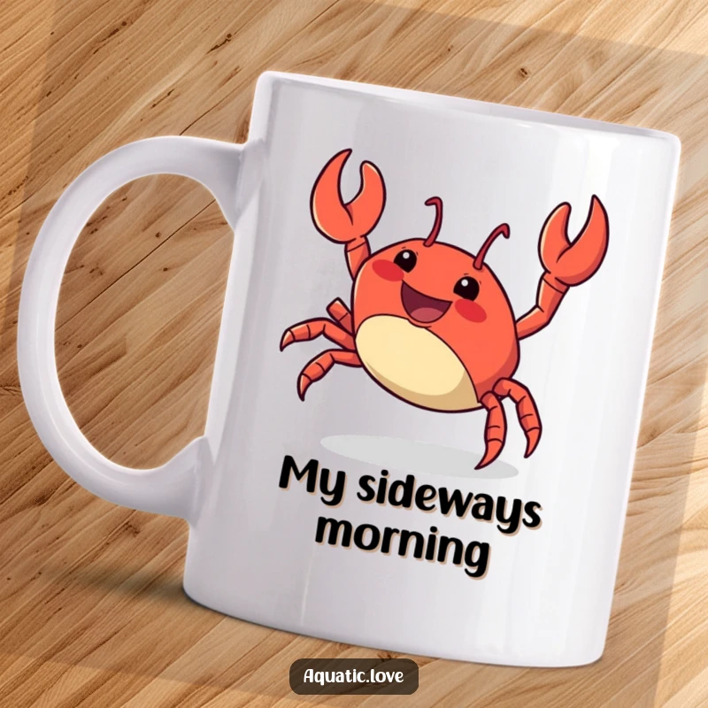 Funny Mug featuring a delighted crab character energetically scuttling sideways with a huge grin, full of zest and personality.