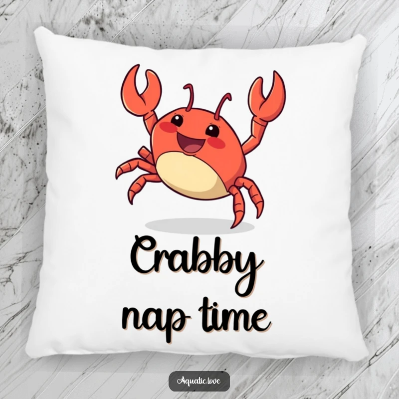 Funny Pillow featuring a delighted crab character in a funny sideways scuttle, offering comfort and a touch of coastal playfulness.