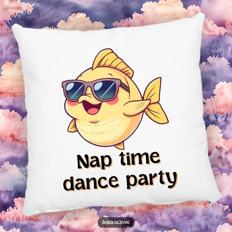 Funny Pillow featuring a cheerful fish character in tiny sunglasses, captured in a funny dance pose, offering comfort and laughs.