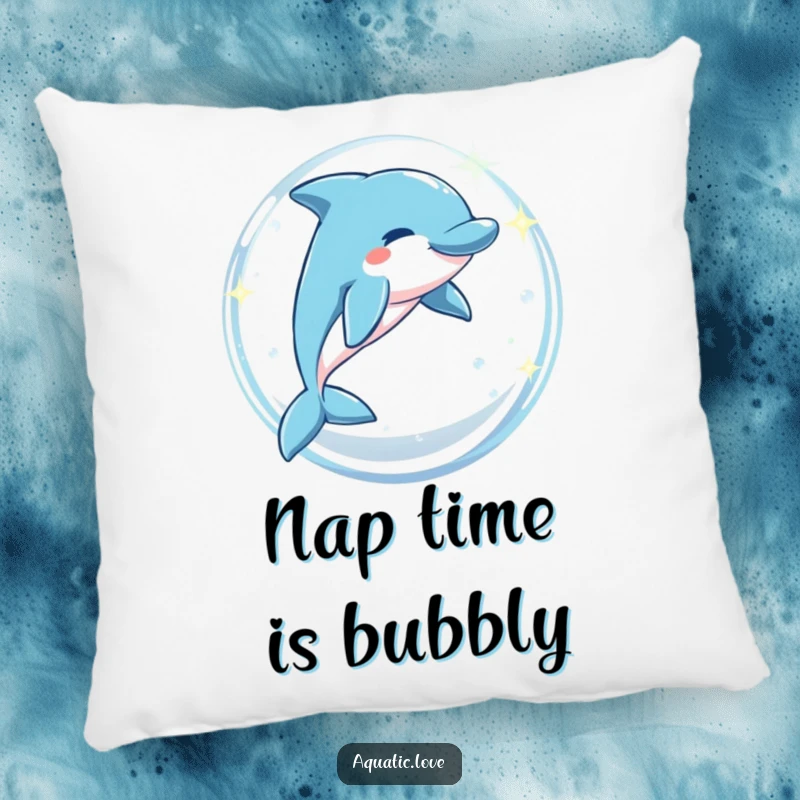 Funny pillow featuring a playful dolphin leaping through a sparkling bubble arch, offering soft comfort and a touch of magic.