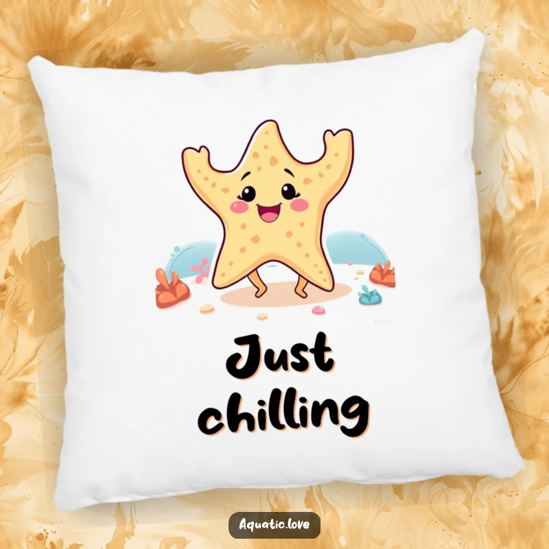 Funny pillow showcasing a smiling starfish with its little legs doing a happy dance on the seabed, adding comfort and cheer.