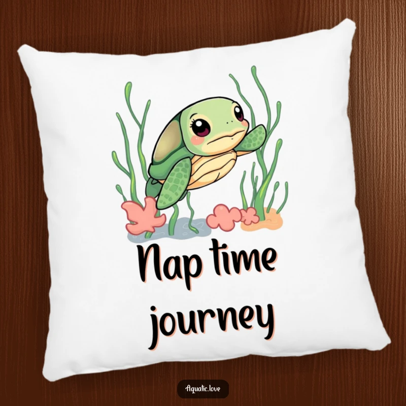 Funny pillow featuring a curious sea turtle with a determined look, nestled amongst playful seaweed, offering comfort and charm.
