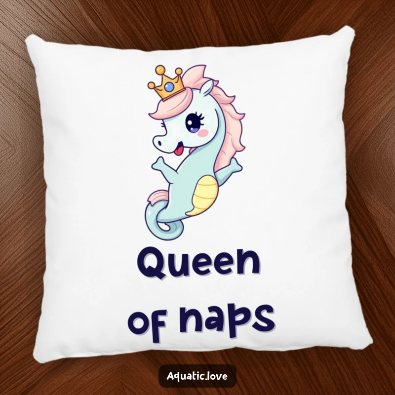 Funny Pillow featuring a happy seahorse character dramatically posing with a tiny crown, offering comfort and a touch of underwater royalty.