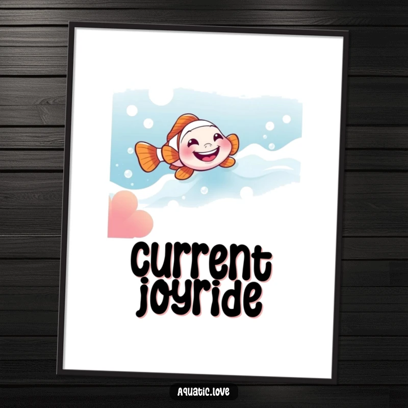 Funny digital art print of a little clownfish with a wide grin sliding down a bubbly current, perfect for instant cheerful decor.