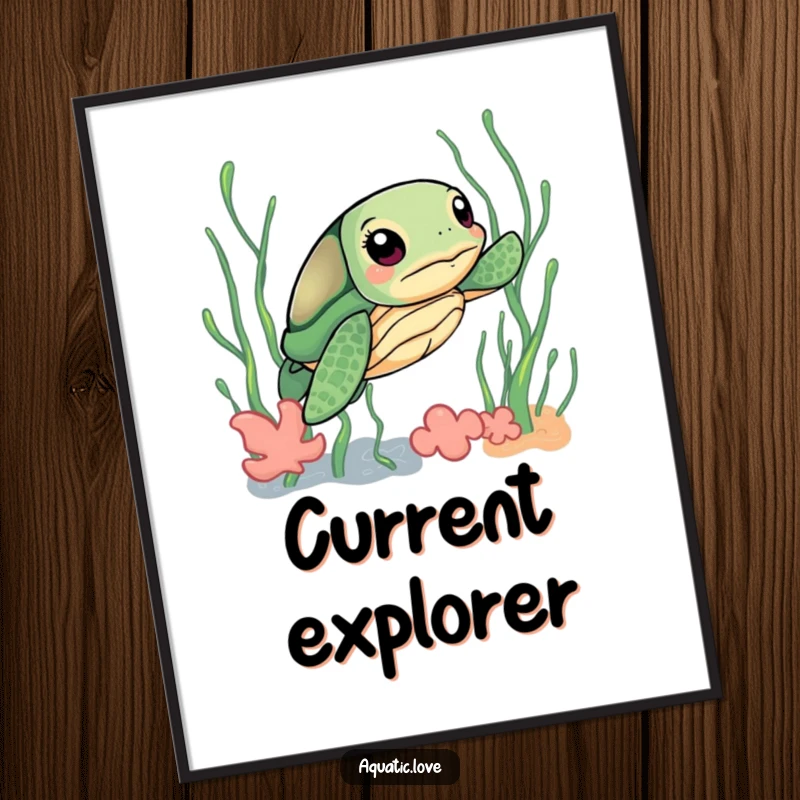 Funny digital art print of a curious sea turtle with a determined expression navigating through playful seaweed, perfect for inspiring decor.