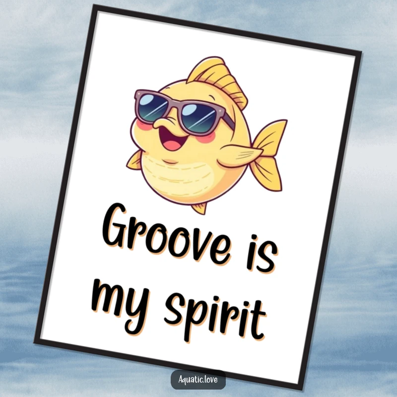 Funny Digital Art Print of a cheerful fish character wearing tiny sunglasses, joyfully dancing, ready to bring laughter to any digital display.