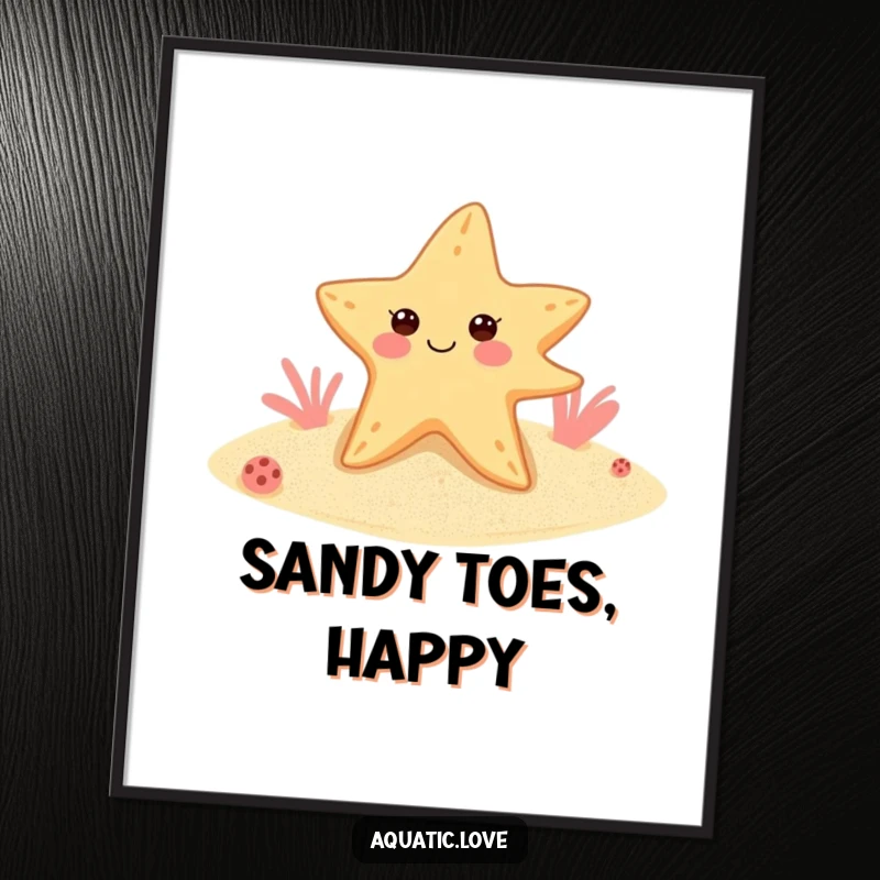 Funny starfish digital art print of a cheerful winker wearing flippers on a sandy seabed, offering instant oceanic humor.