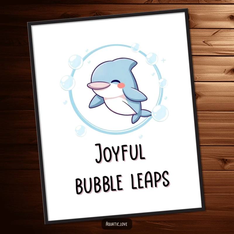 Funny Digital Art Print of a giggling dolphin character joyfully leaping through a hoop of bubbles, ready to bring smiles to any viewer.