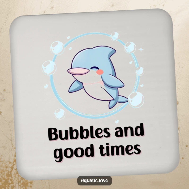 Funny Coaster featuring a giggling dolphin character leaping through a hoop of bubbles, offering protection with a happy, playful vibe.