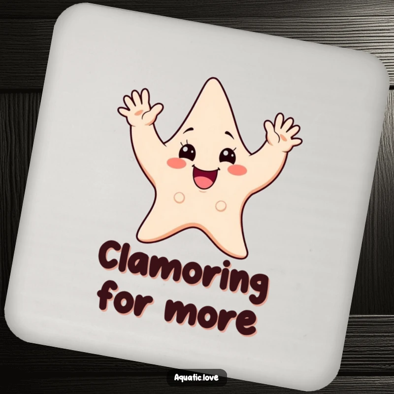 Funny drink coaster with a cheerful starfish character waving all its arms enthusiastically, protecting surfaces with a smile.