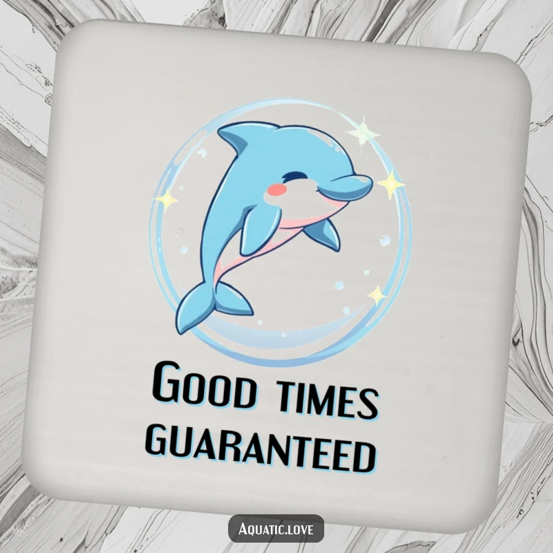 Funny drink coaster with a playful dolphin leaping through a sparkling bubble arch, protecting surfaces with charm.