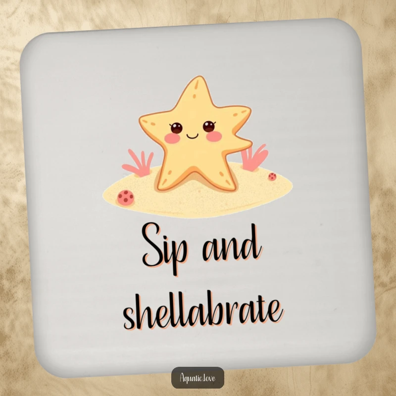 Funny starfish coaster with a cheerful winking creature wearing flippers, protecting surfaces with sandy seabed humor.