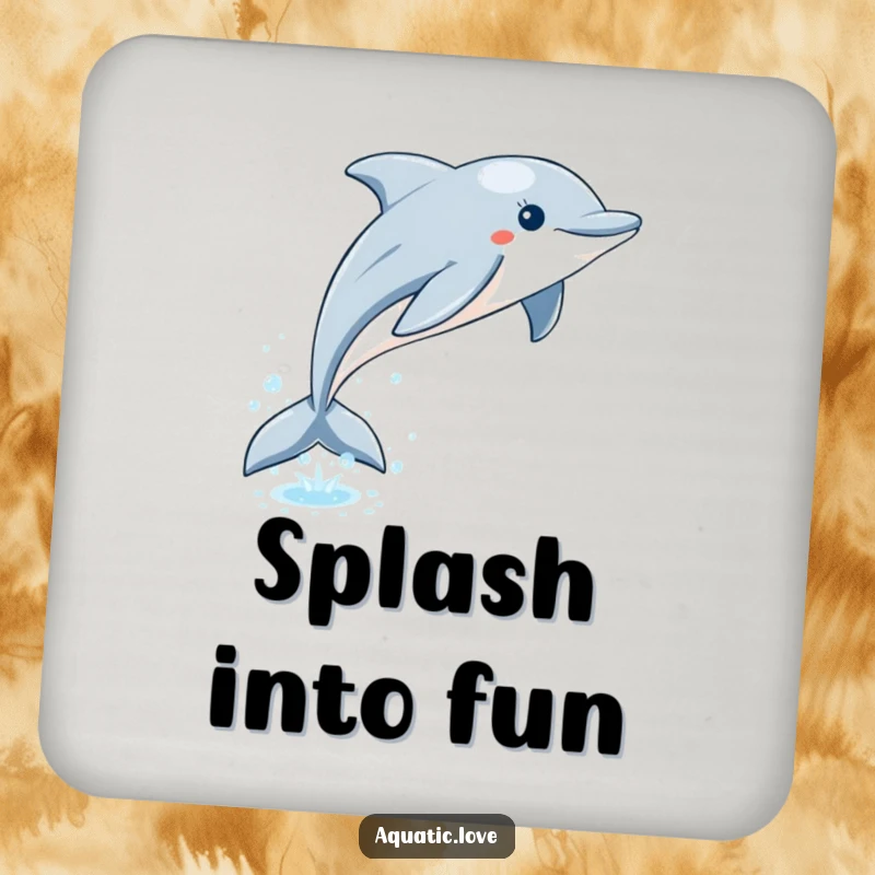 Funny dolphin coaster with a playful leap from sparkling water and bubbles, protecting surfaces with ocean humor.