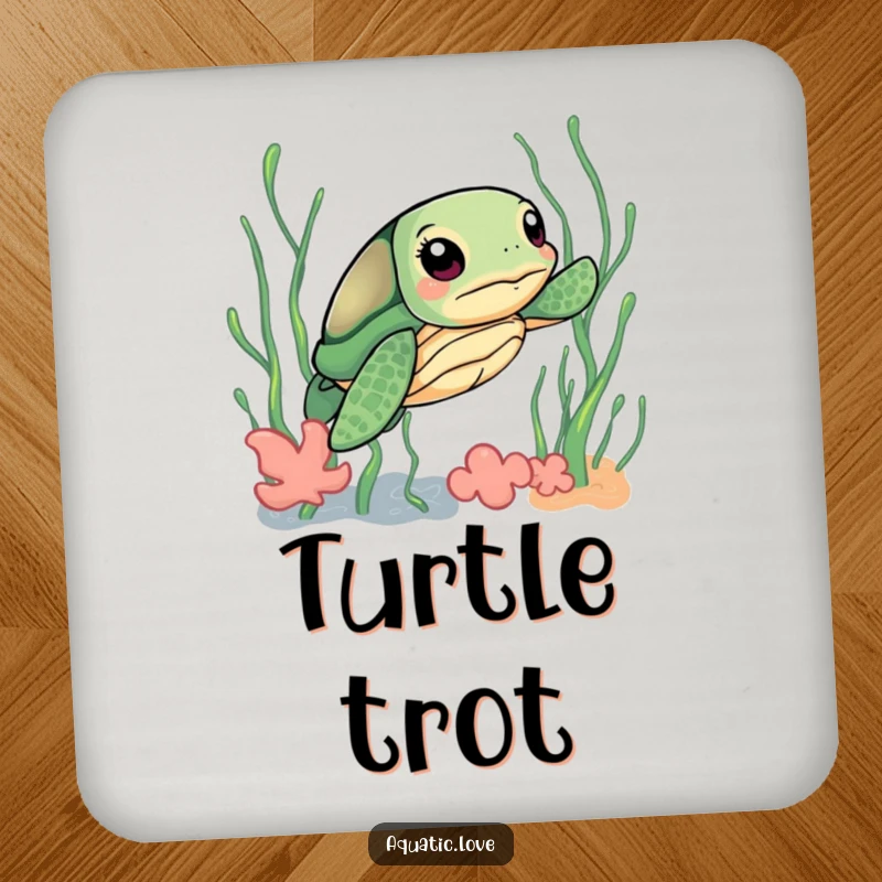 Funny drink coaster featuring a curious sea turtle with a determined look navigating through playful seaweed, adding a touch of calm.