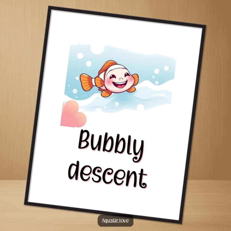 Funny poster capturing a little clownfish with a wide grin joyfully sliding down a dynamic, bubbly current.