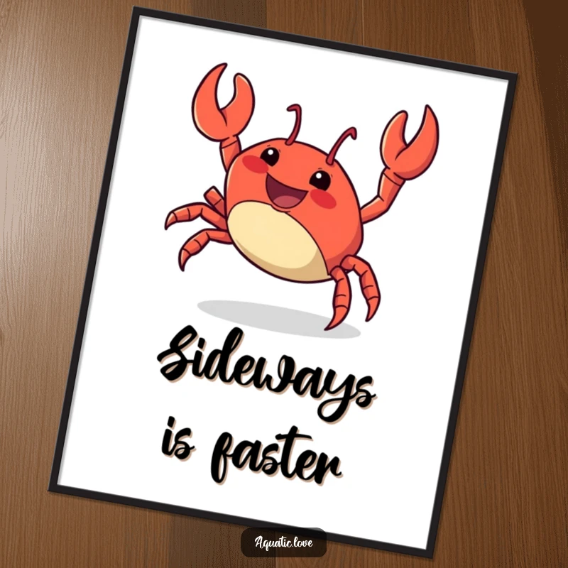 Funny Poster depicting a delighted crab character performing an energetic sideways scuttle, capturing the fun and movement of beach life.