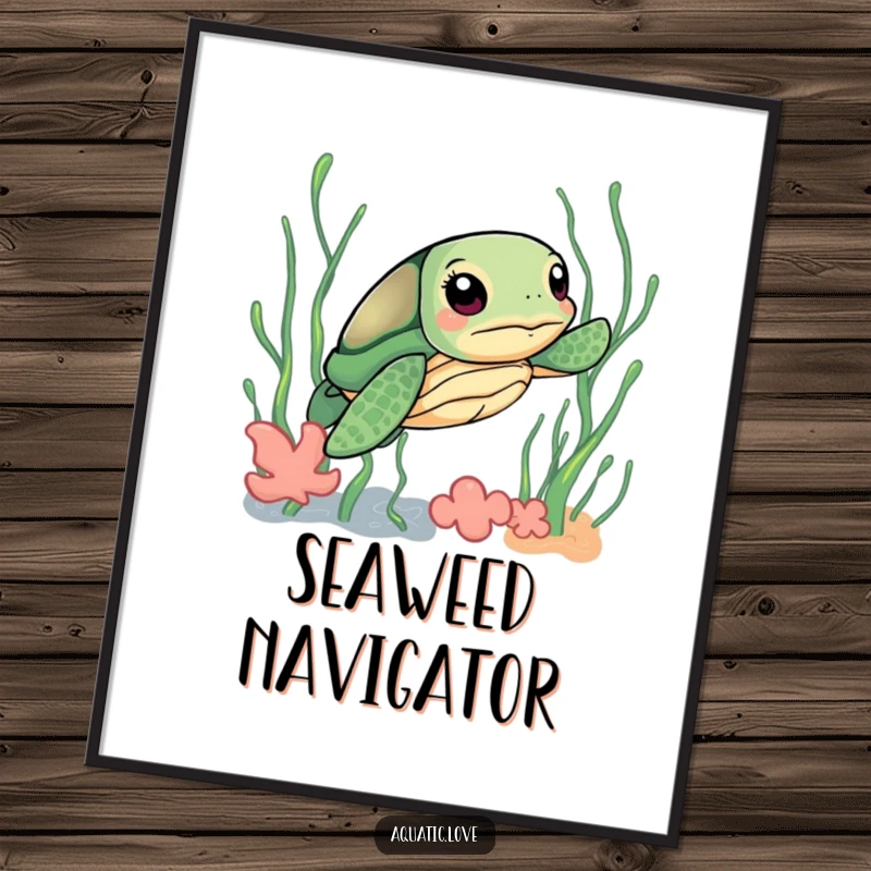 Funny poster capturing a curious sea turtle with a determined gaze navigating through a dense, playful seaweed forest.