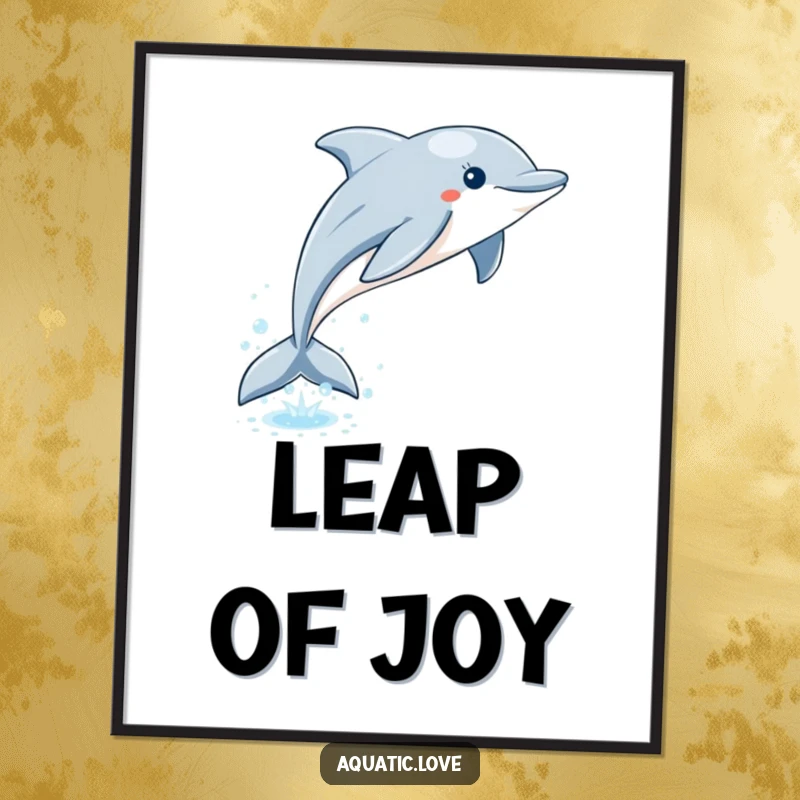 Funny dolphin poster showing a playful leap from sparkling water with a trail of bubbles, adding ocean humor to decor.