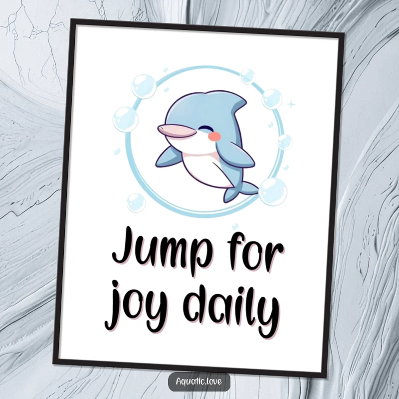 Funny Poster of a giggling dolphin character leaping through a hoop of bubbles, capturing a moment of pure, uninhibited joy.