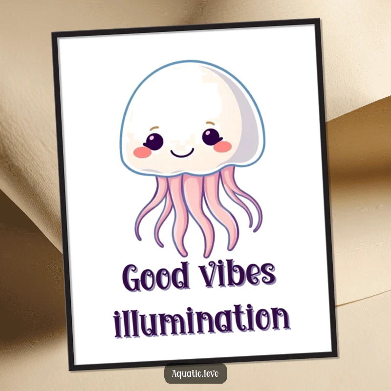 Funny poster art of a smiling jellyfish character gently pulsating with soft light, perfect for adding a tranquil glow.