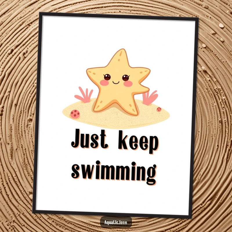 Funny starfish poster featuring a cheerful, winking sea star with flippers, bringing sandy seabed humor and ocean vibes to wall decor.