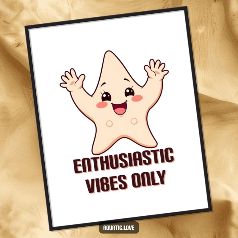 Funny poster art of a cheerful starfish character waving all its arms enthusiastically, adding a splash of joy to walls.