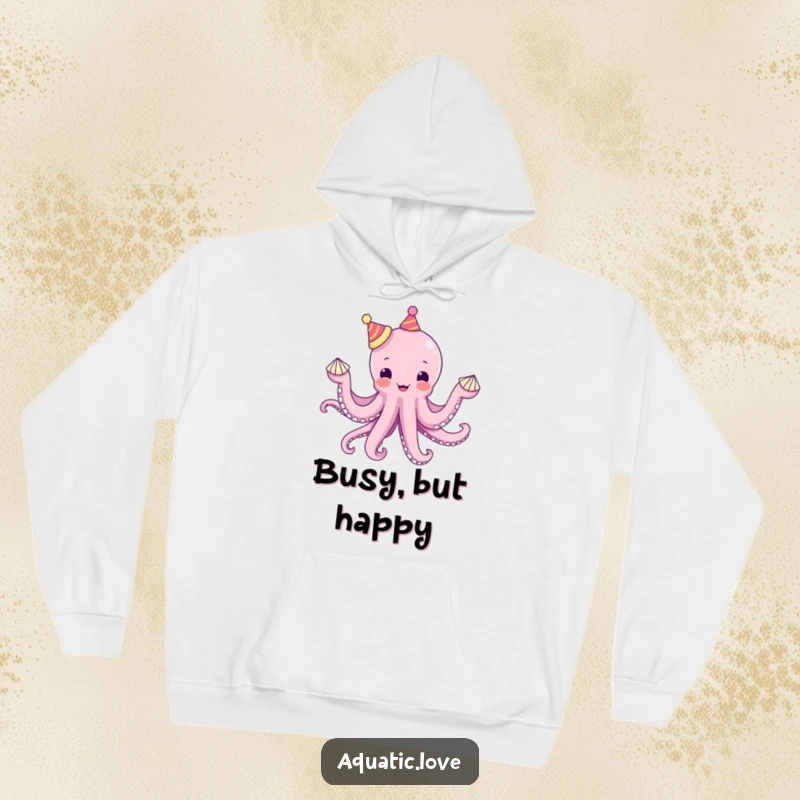 Funny octopus hoodie showing a delighted creature with tiny hats on each tentacle juggling seashells, offering cozy whimsical humor.