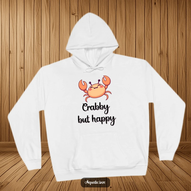 Funny crab hoodie showing a giggling creature happily scuttling sideways with claws raised, offering cozy ocean humor.