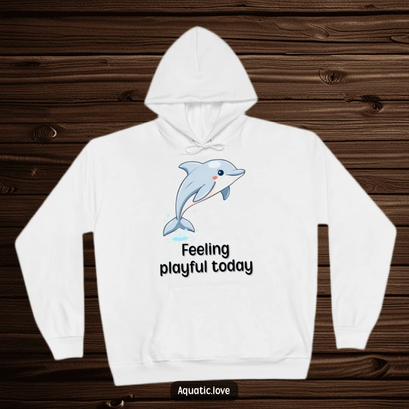 Funny dolphin hoodie featuring a playful leap from sparkling water with a bubbly trail, offering cozy ocean humor.